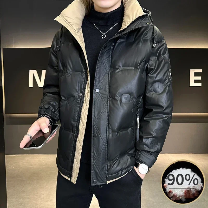 Winter White Duck Down Jacket Men's Light Luxury Trendy Leather Windproof Warm Down Jacket Men Brand Clothes Casual Hooded Coat