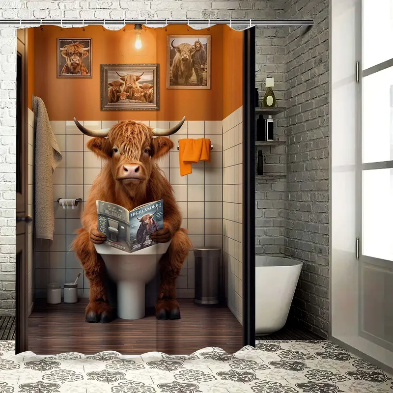 Whimsical Bathroom Shower Curtain featuring a humorous Highland Cow reading magazine in quirky bathroom setting orange decor the