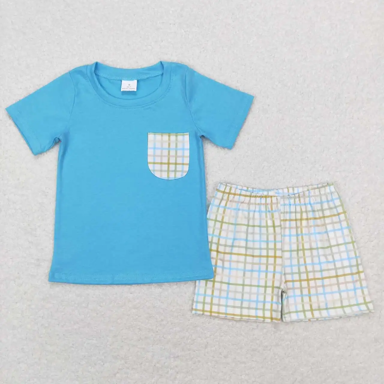 

wholesale children's clothing hot sale kids western boutique baby boys clothes Green striped pocket blue short sleeve shorts set