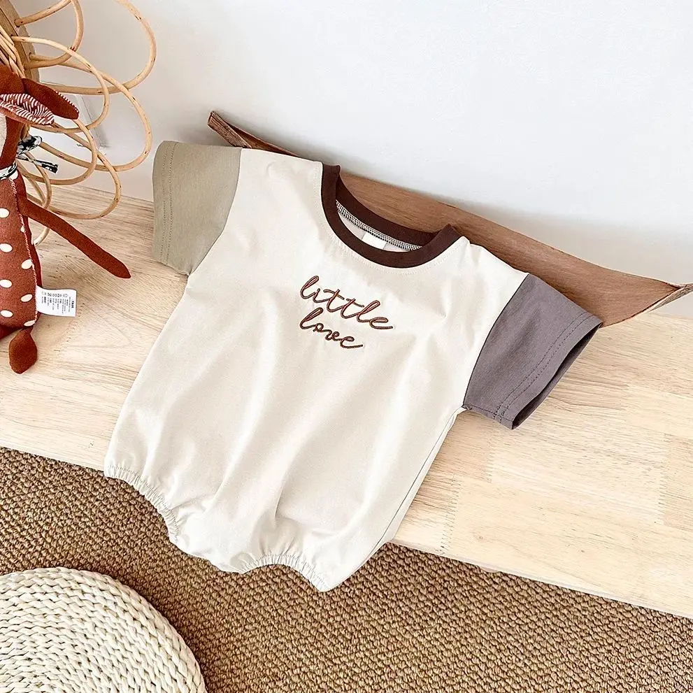 Summer Newborn Girls Romper Short Sleeved Letter Embroidered Color Blocking Casual jumpsuit 2024 New Baby Boys Set 0-18M