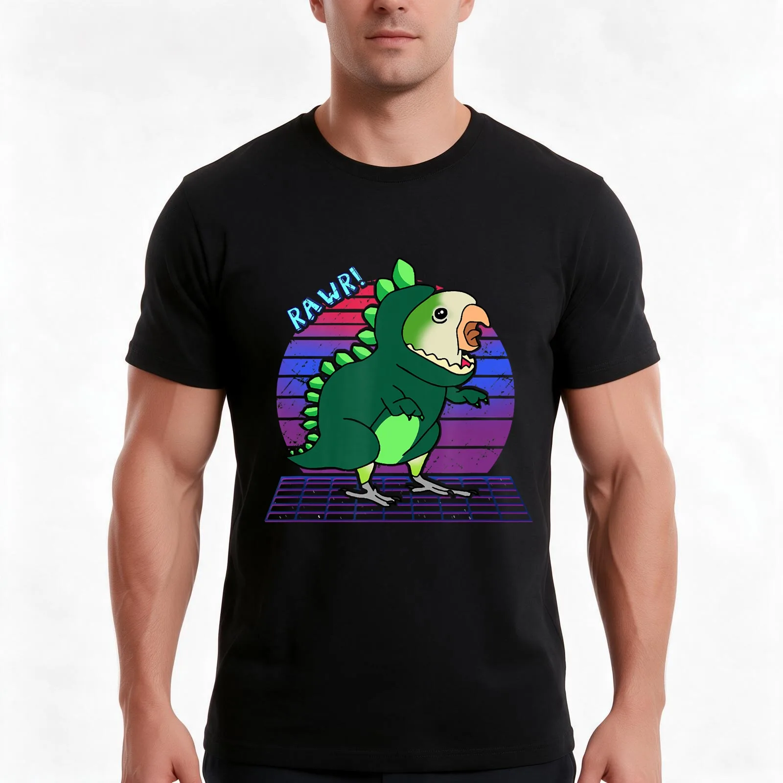 Aesthetic Vaporwave Green Monk Parakeet Quaker Parrot Birb T-Shirt, Summer Casual Cotton Tee, Oversized Streetwear Tops