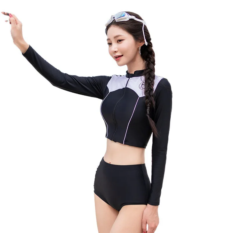 Womens Rash Guard Swimsuit Long Sleeve Sun Protection Sport Wetsuit Two Piece Swimsuit Set Crop Top with High Waist Bottom