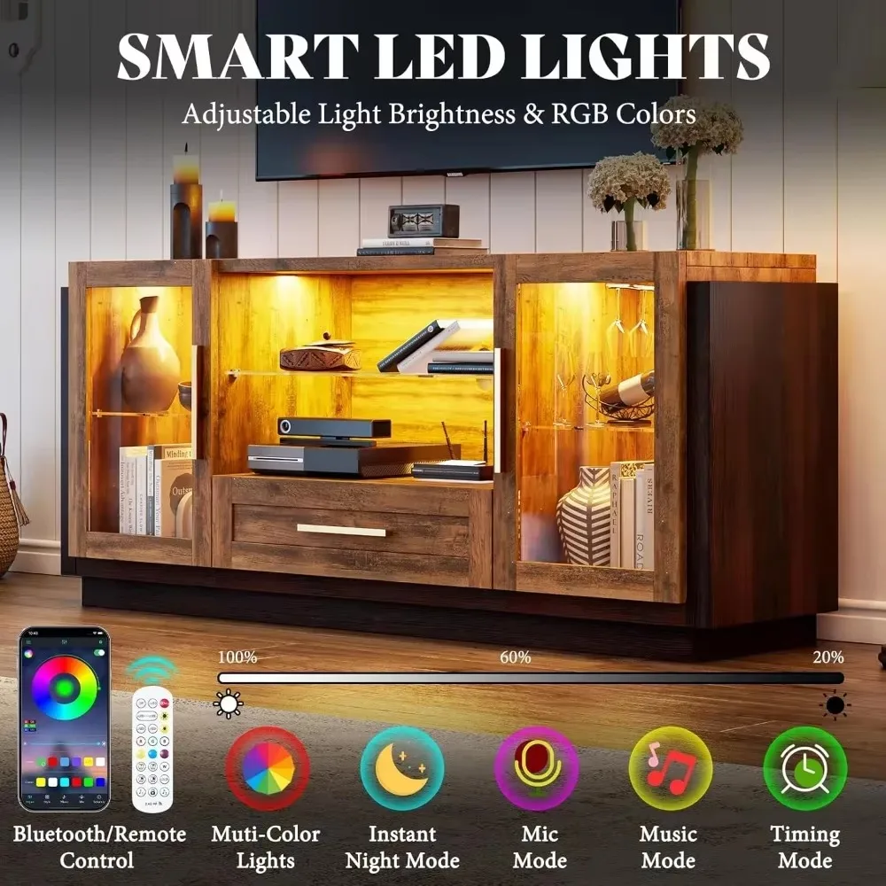 Credenza a buffet per fattoria con luci a LED, mobile da bar per vino da 60 pollici con ante in vetro, ripiani e cassetti aperti