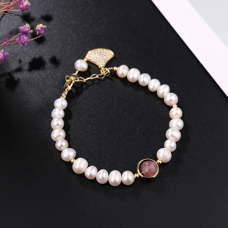 100% Natural Freshwater Pearl & Strawberry Quartz Fashion Fan-shaped 14K Gold Filled Ladies Bracelets Wholesale Jewelry No Fade