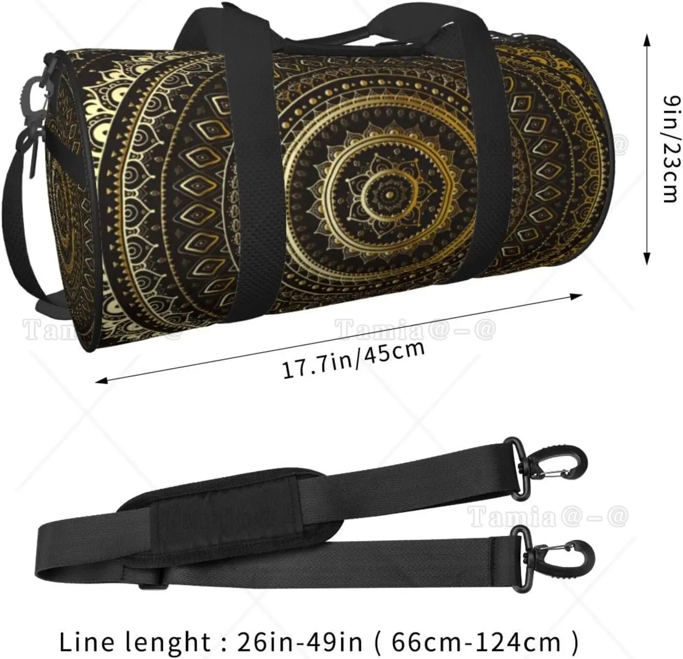 Sport-Sporttasche, Gold, Schwarz, Mandala, ethnisch, orientalisch, Seesack, Fassentasche, Rucksack, leichte Reise-Zylindertaschen für das Schwimmtraining