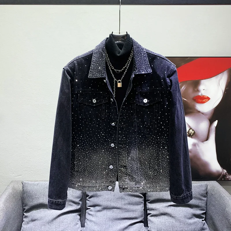 Men's High-End Starry Rhinestone Denim Jackets Men's Versatile Handsome Denim Jacket Loose Fashion Shiny Jacket Long Sleeve Tops