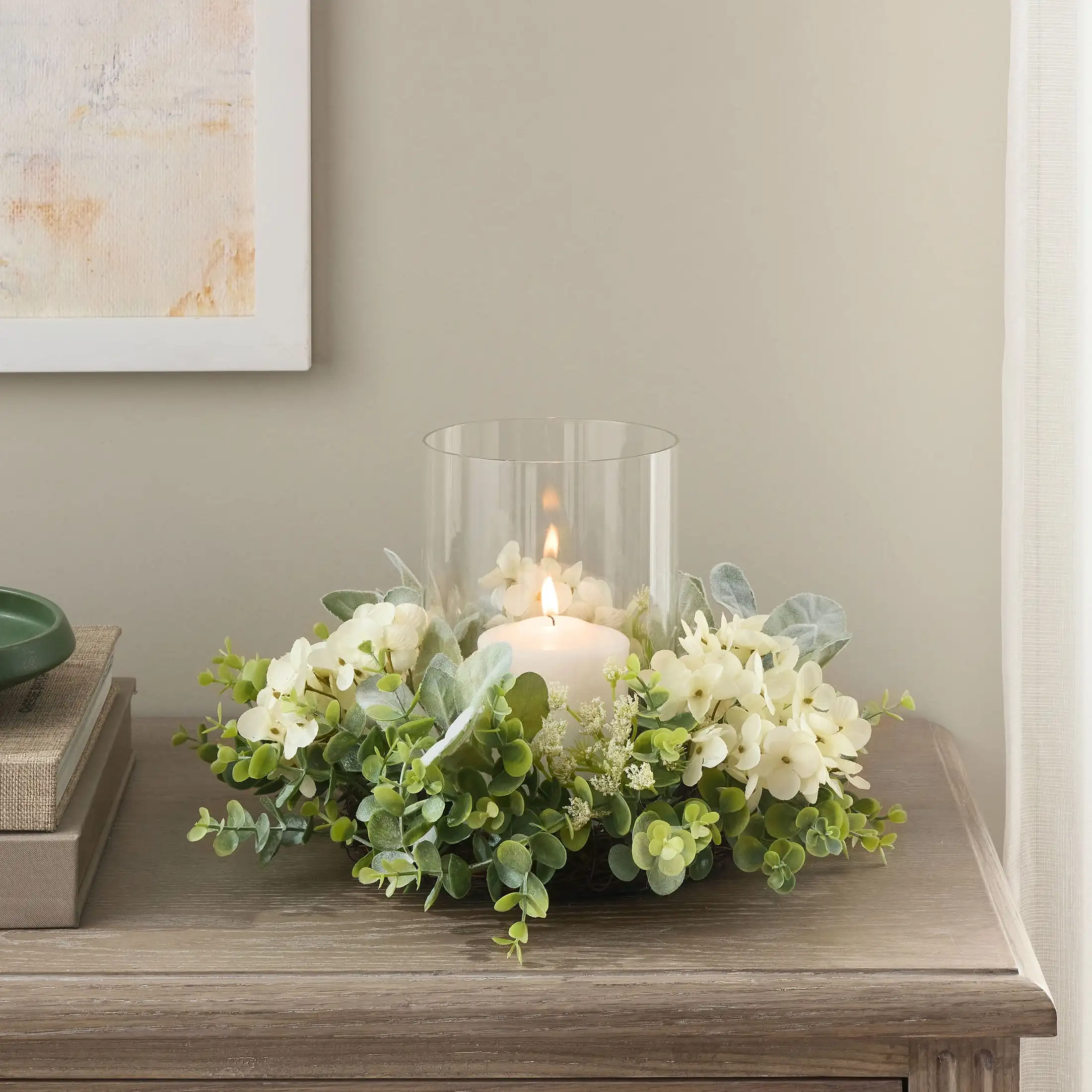 

(2 pack) Decorative Hurricane Pillar Candleholder with Faux White Hydrangea, 8"