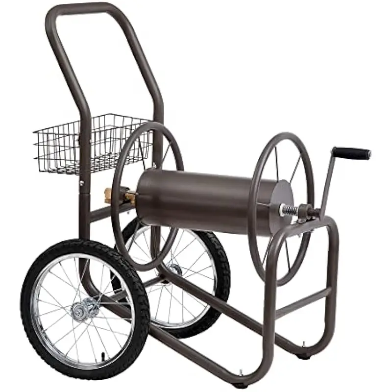 Industrial-grade hose reel cart with 300-ft capacity, brass swivel connector, pneumatic tires, steel frame, weather-resistant fi