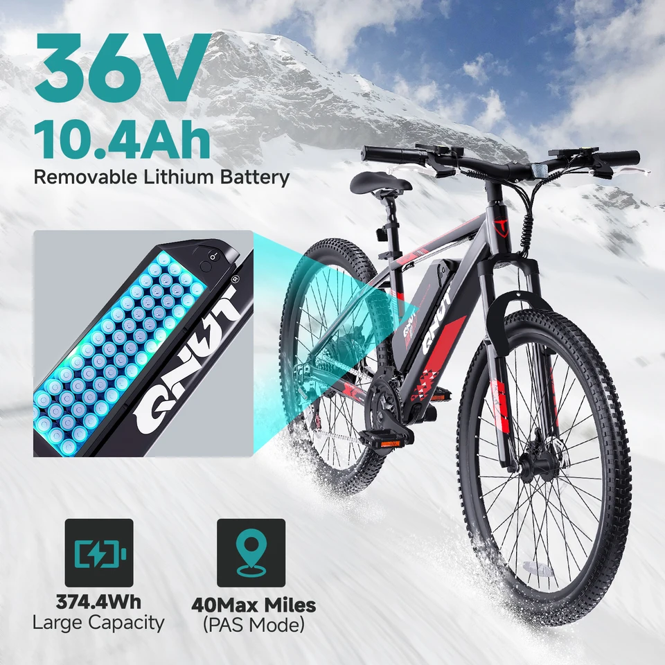 QNUT Victor3.0 Adult Electric Mountain Bike 1000W Peak Motor 36V 10.4Ah Removable Battery 26 Inch All‑Terrain EBike 21‑Speed Front Suspension Dual Disc Brake 20MPH US Warehouse Fast Shipping image 5