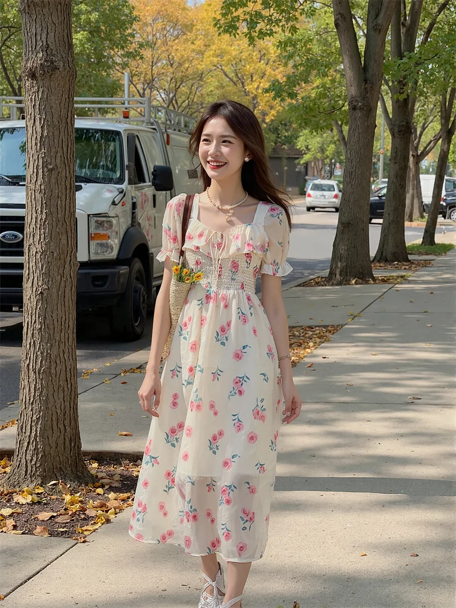 여성용 파티 웨딩 플로럴 프린트 발목 길이 자수 비즈 장식 스팽글 드레스