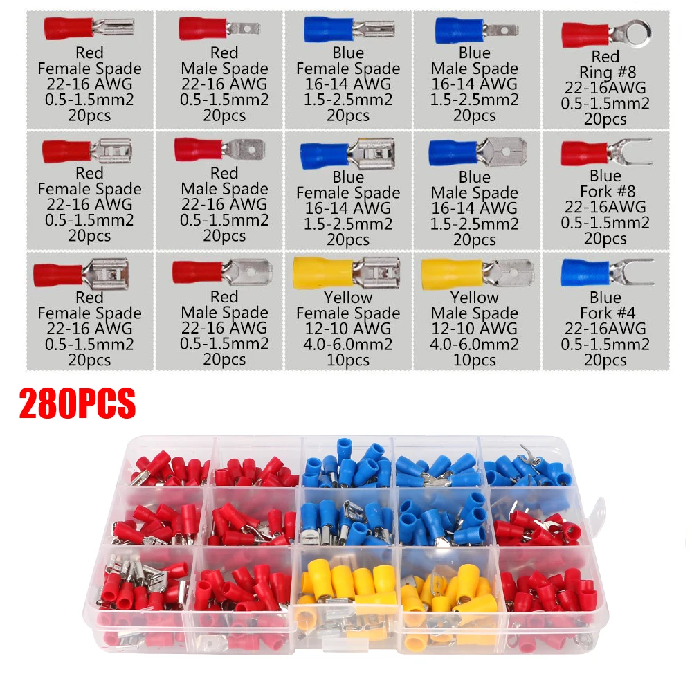 Insulated Cable Connector Electrical Wire Crimp Rolled Terminals Assorted Kit 280/480PCS Spade Butt Ring Lugs Fork Set