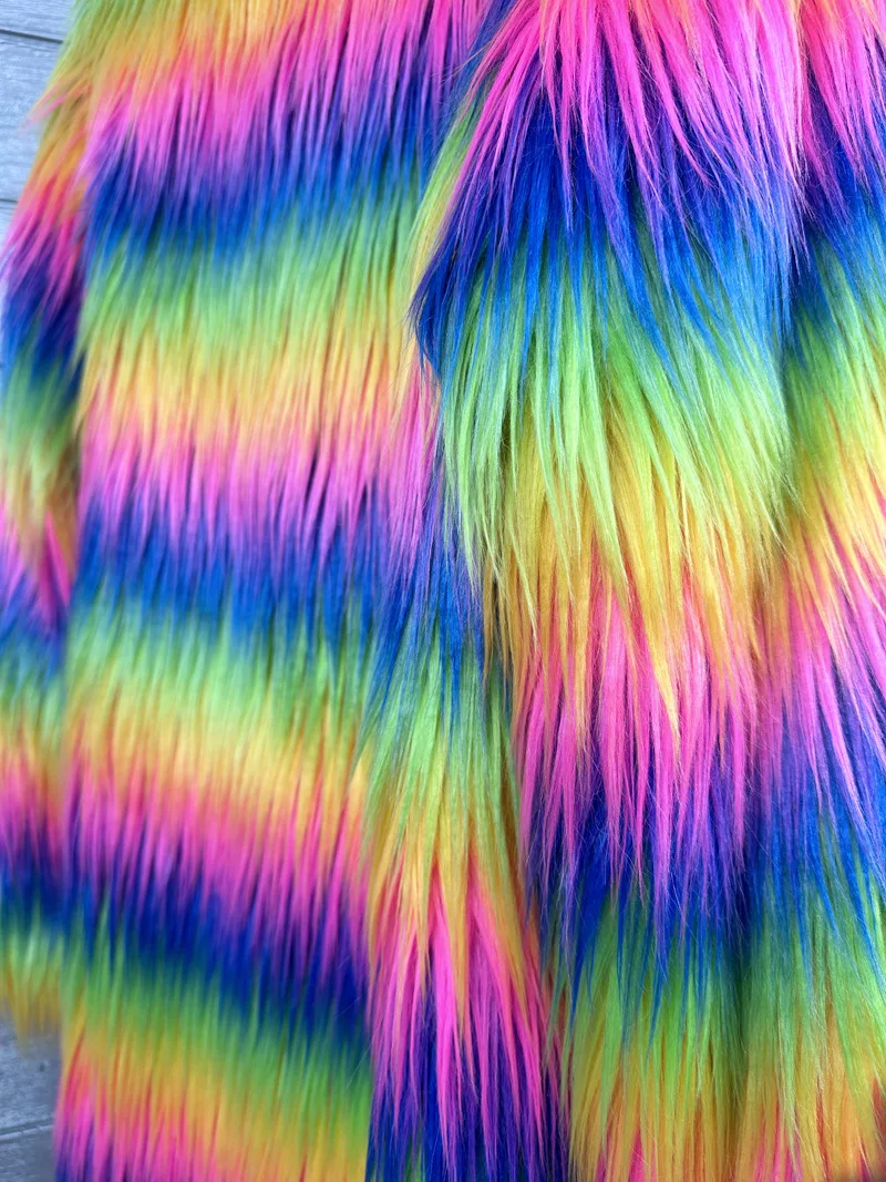 Szykowny kolorowy trencz ze sztucznego futra z norek Mitation Fox Fur Długa puszysta kurtka Rainbow Color Printed Furry Jaqueta Tops