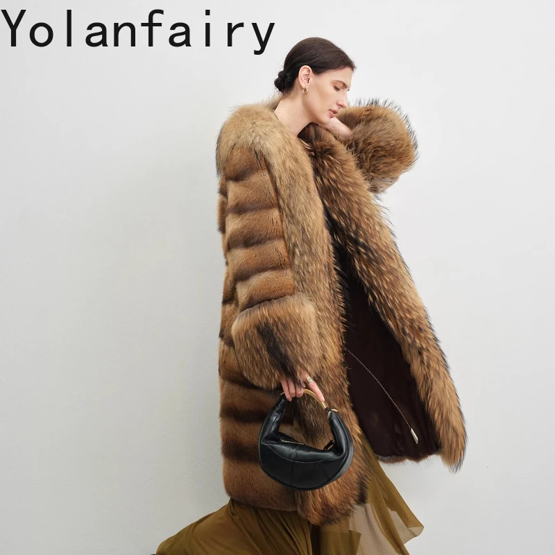 YOLANFAIRY معاطف الخريف والشتاء ذات اللون الأساسي المستورد من فراء كلب الراكون على الطراز العتيق معاطف دفء مارتن شوربات نسائية 2025