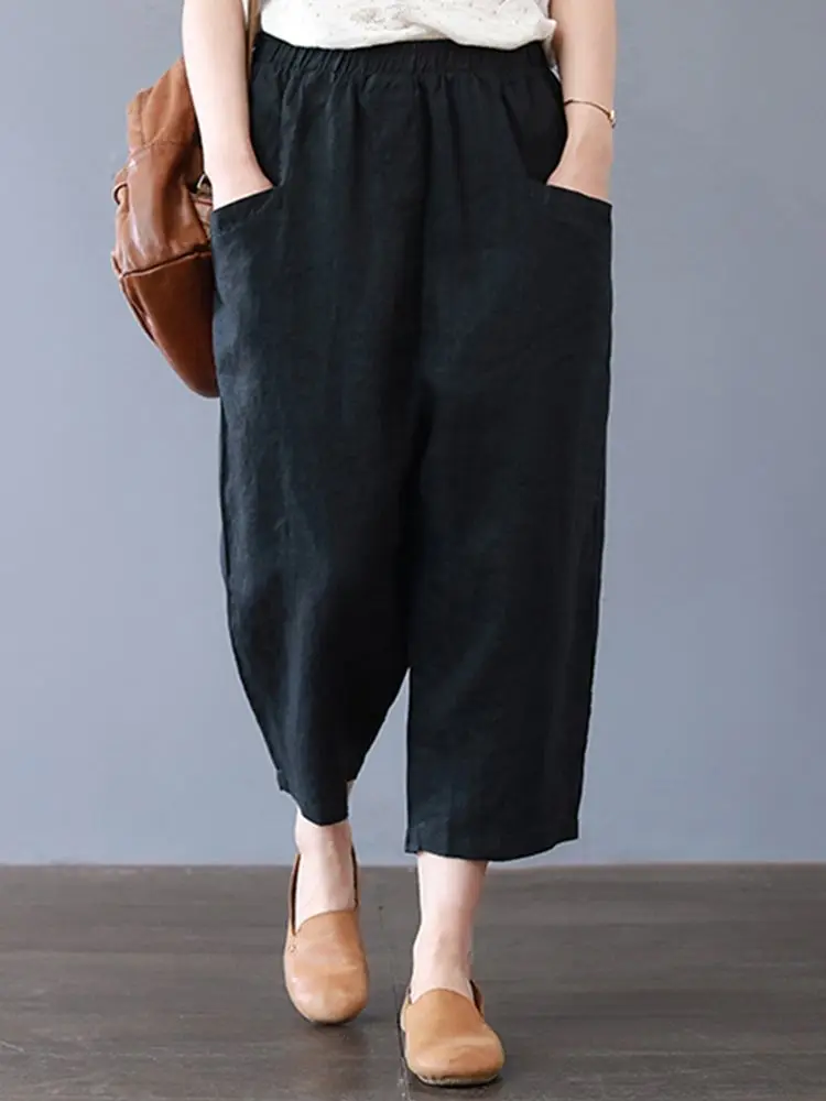 ZANZEA-Pantalones largos tipo caftán para mujer, pantalón bombacho liso con cintura elástica, estilo Palazzo, informal, de gran tamaño, de algodón,