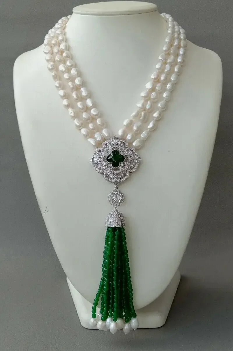 

3 Strands White Pearl Necklace CZ pave flower Green Jade Pendant tassel