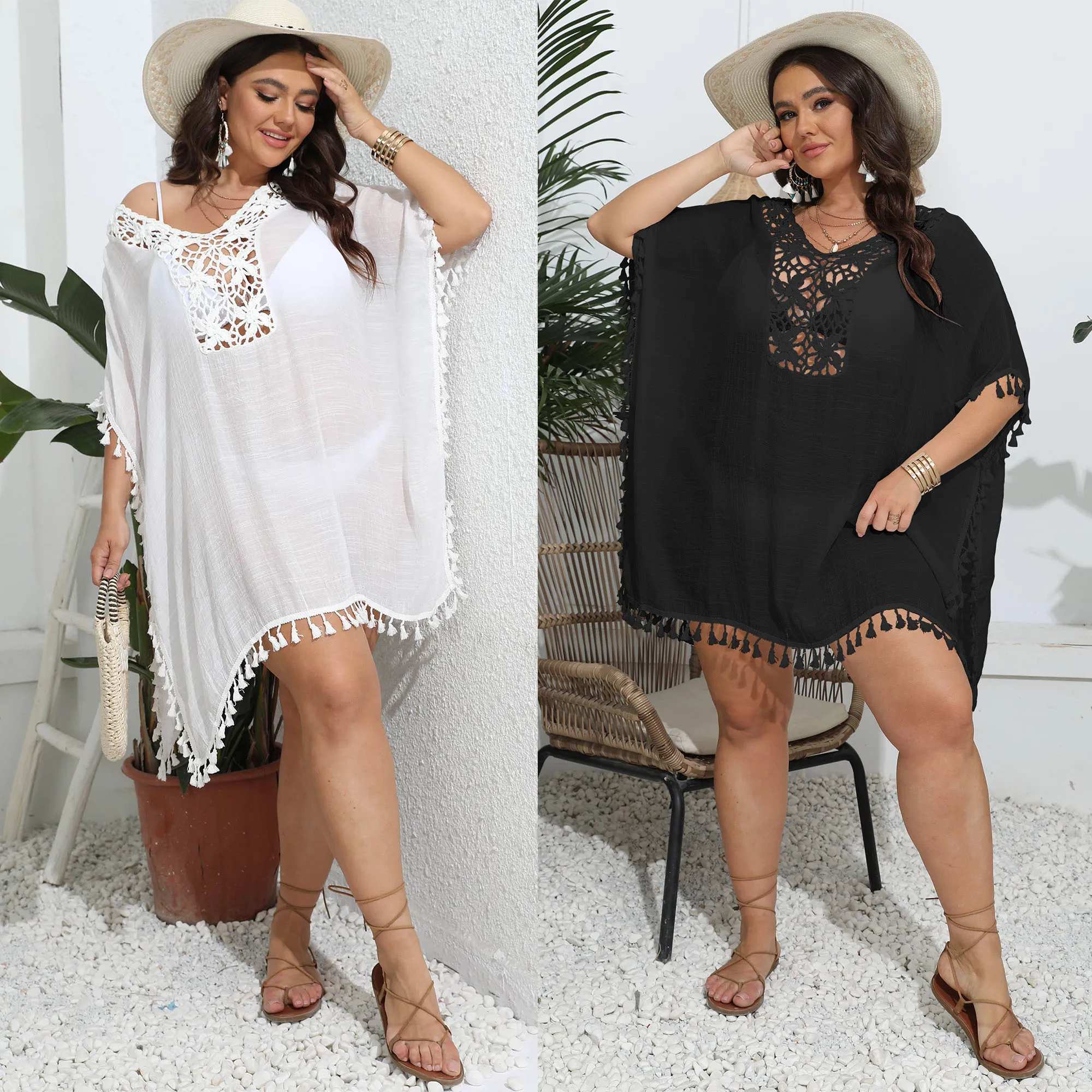 2023 New Crochet V-nech Swim Cover Up Womens Summer Beach Dress Tassel Sundress Pareo Tunics White Large Beach Wear Coverup