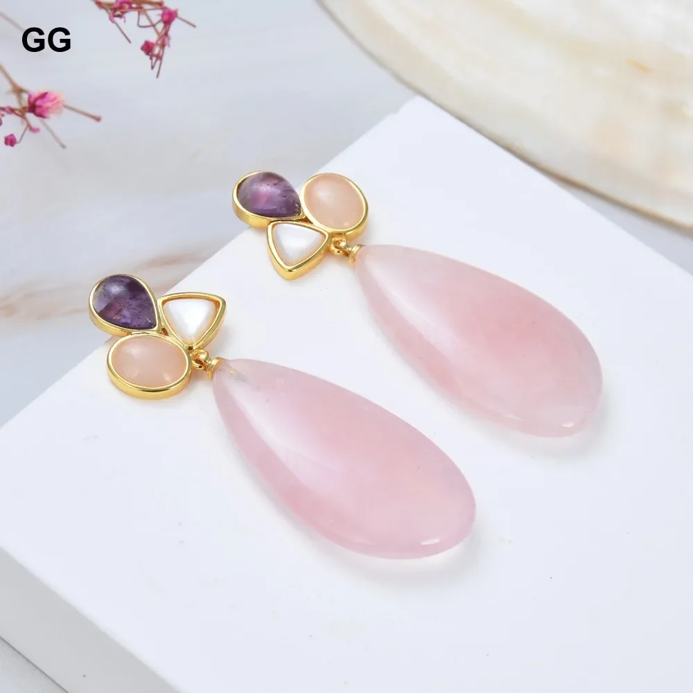 GG Natural Stone Natural Pink Rose Quartz Amethyst White Shell Dangle Stud Earrings romantic style for women