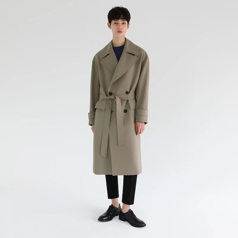 Wear Men's Autumn Loose Solid Color Lapel Men's Mid-length Trench Coat Khaki Double Breasted fit Windbreaker 2Y4022