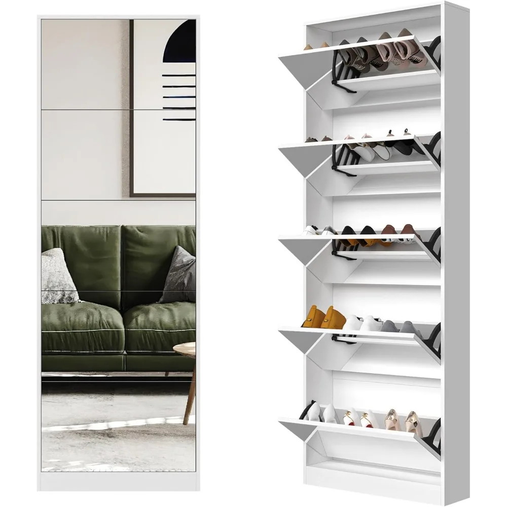

Mirror Shoe Cabinet, Hidden Shoe Storage Organizer with Flip Drawers Door, 5 Tier Free Standing Shoe Rack for Closet, Entrance