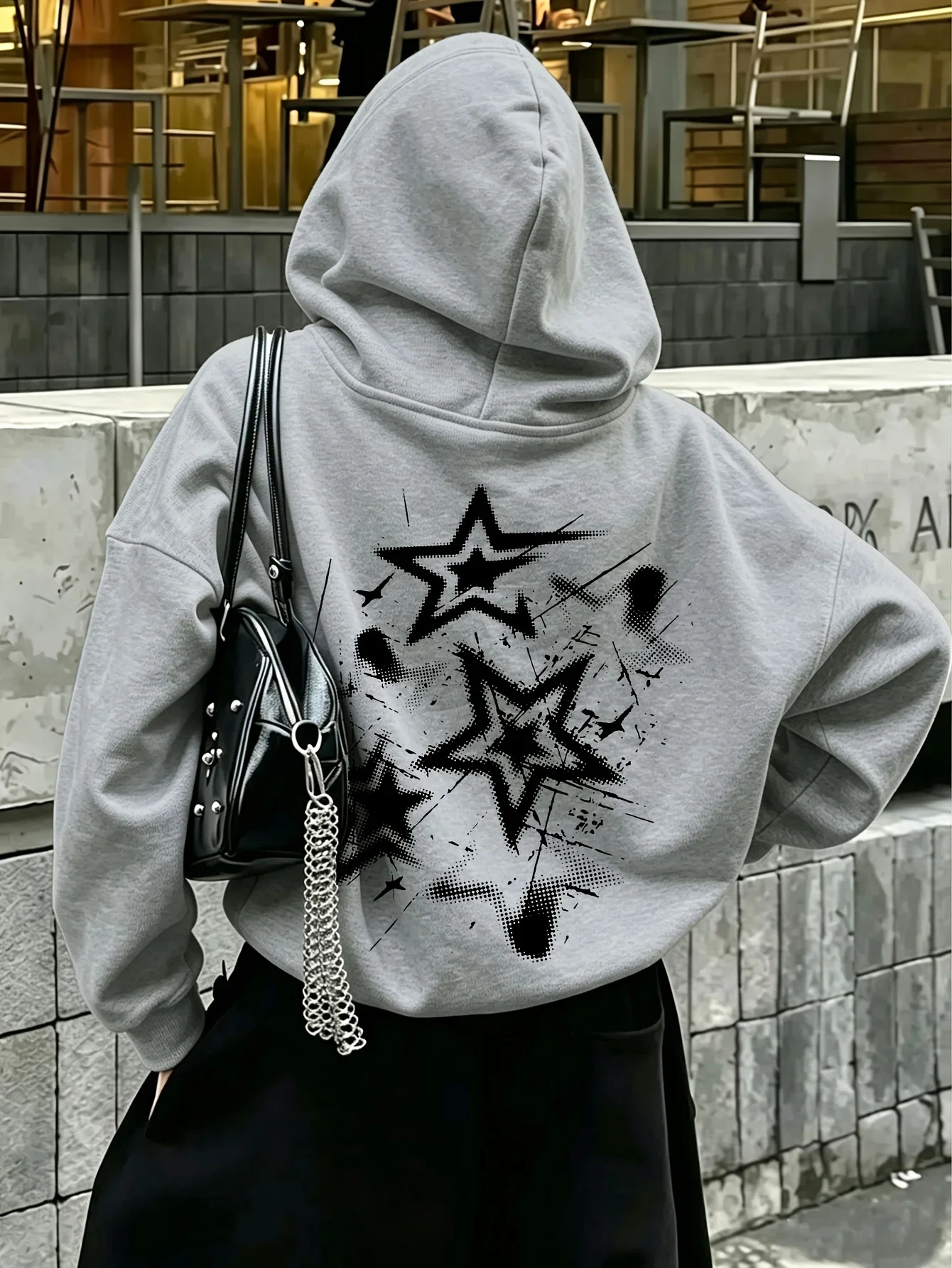 Men's Grunge Star Sports Hoodie Splash Ink Print Light Gray Oversized Pullover Streetwear Sweatshirt Spring Autumn