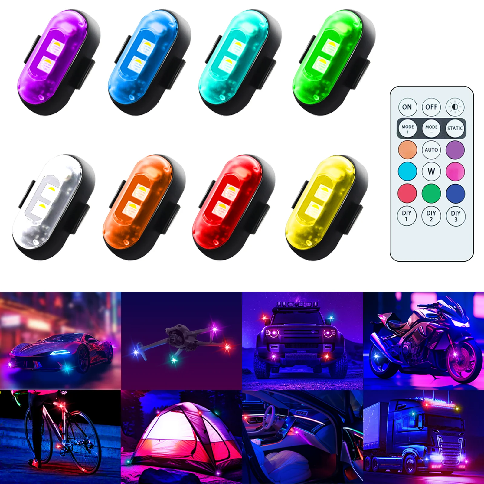 

Car Motorcycle LED Strobe Lights RGB 8 Colors LED Flash Position Wireless Light Aircraft Airplane Helicopter Warning Lights