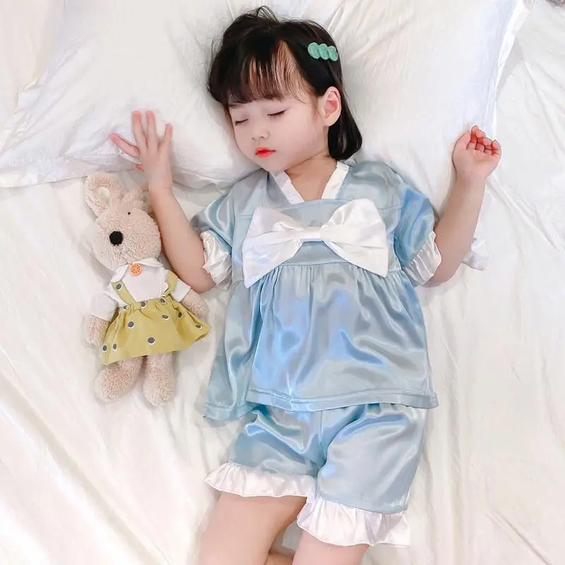 Girls Pajama Set Summer Slim Air-conditioned Suit Cute Bow Blue Pajama for Girls Trendy Home Wear Pajamas