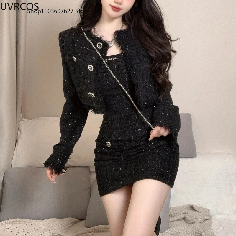 Black Korean Style Retro Elegant Two Piece Set Women Fashion Tassels Short Jackets Casual Strap Party Mini Dress Female Y2k Suit