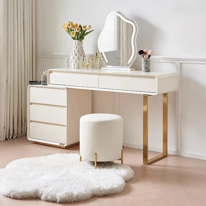 

Cream style bedroom dressing table makeup Comfortable light mirror makeup stool vanity table Cabinet storage bedroom furniture
