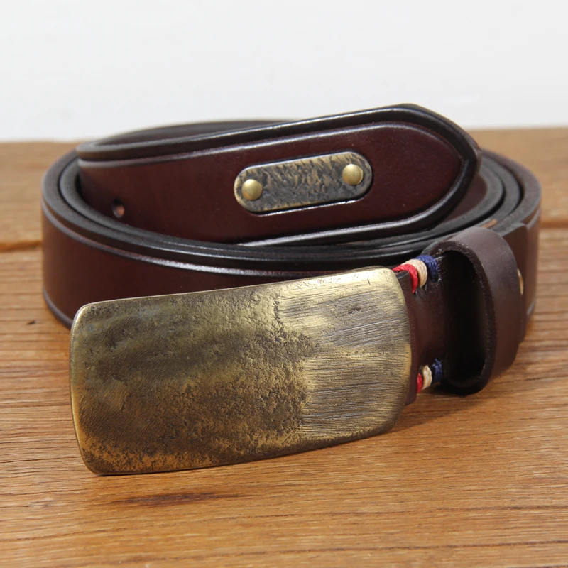 Casual Men's Belt personalized Brass Hand-forged Plate Buckle Men's Jeans Waist Belt Top Layer Cowhide Designer Genuine Belt