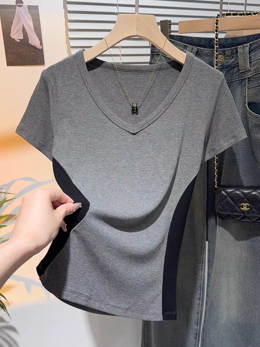 Modisches Damen T-Shirt Figurbetont Slim Basic Patchwork 2026 Baumwolle Sommer Sexy Kurzarm V-Ausschnitt T-Shirt Lässiges Oberteil für Frauen – Detail 7
