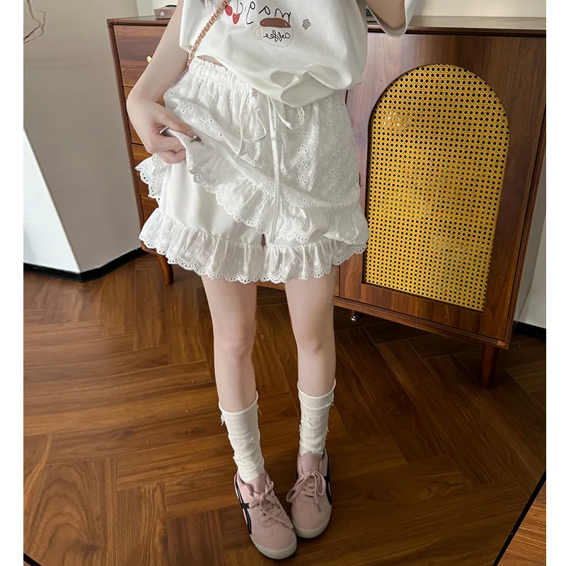 

Белая юбка с кружевной отделкой, брюки для женщин, летняя тонкая юбка с высокой талией SlimmingaSweet в балетном стиле, пышная полуюбка