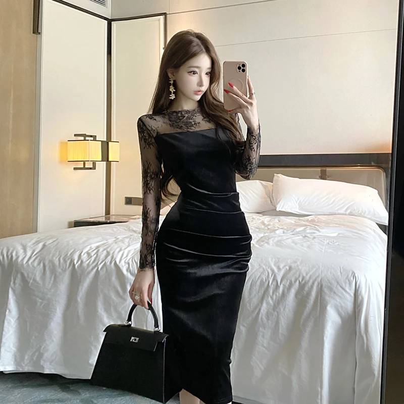 Ele Sexy un solo hombro encaje empalme adelgazante ceñido al cuerpo Dr Otoño Invierno nuevo Sle largo Sve cintura alta vestido de noche de terciopelo