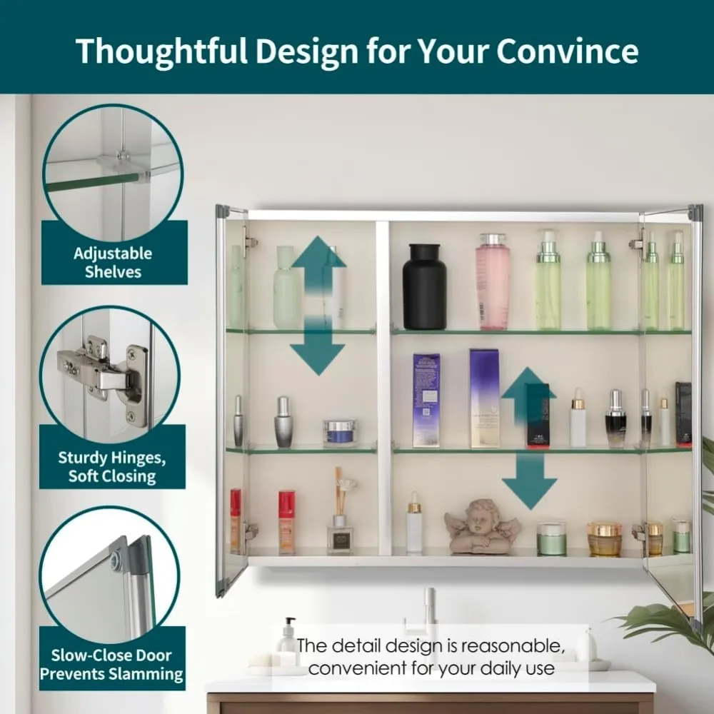 خزانة طبية من الألومنيوم مقاس 30 × 26 مع مرآة وأرفف قابلة للتعديل للحمام #5