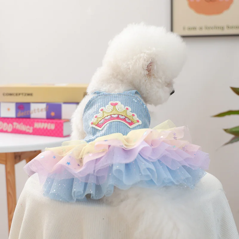 

Pet Dog Cat Dress Embroidered Denim Tulle Skirt with Rainbow Crown, New Pet Circle Princess Party Outfit Puppy Gown