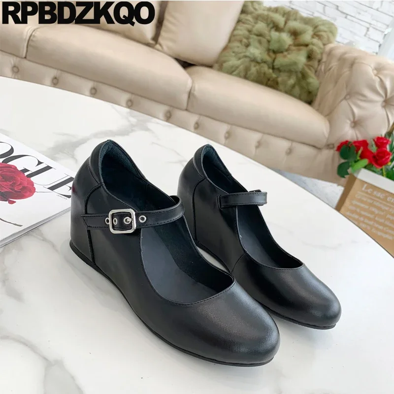 

Pumps Metal Wedges Women High Heels Mary Jane Genuine Leather Buckle Round Toe Belts Shoes Hidden Height Increasing Cow Skin