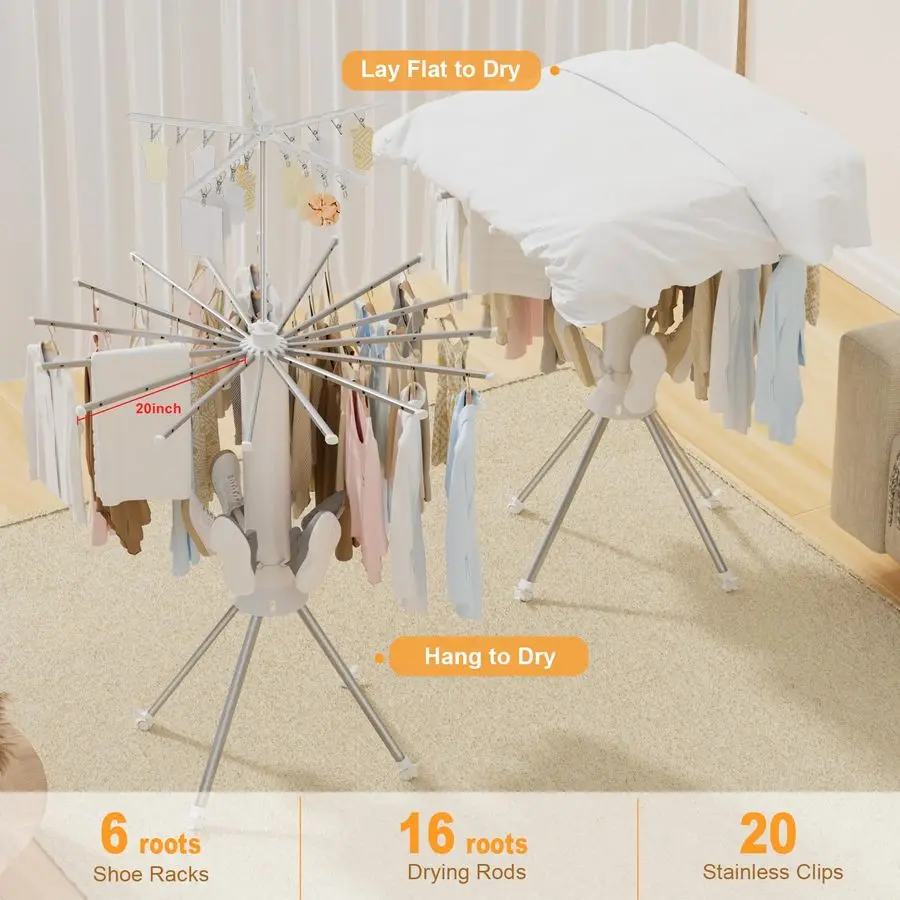 Drying Rack Foldable, 4Legged Portable Drying Rack Clothing with 20 Clips, Shoe Dryer Rack, Outdoor Laundry Drying Racks with 4