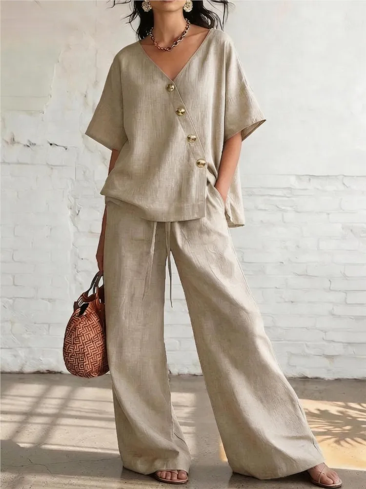 

High-waisted Wide-leg Trousers Two-piece Women Suit 2026 Summer V-neck Short-sleeved Diagonal Breasted Design Top Two-piece Set