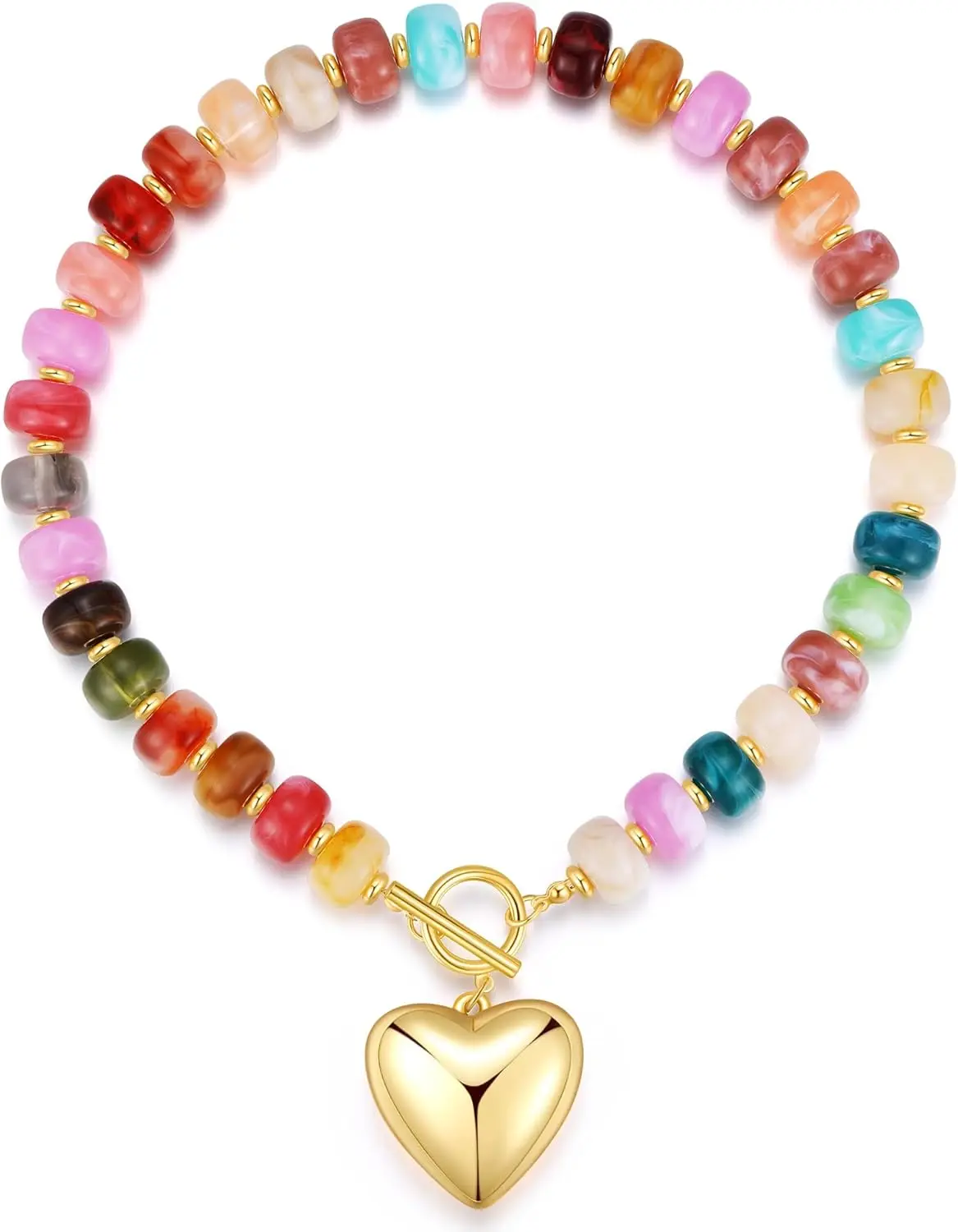 

Colorful Chunky Heart Necklace Resin Beaded Gold Statement Choker Gift for Women