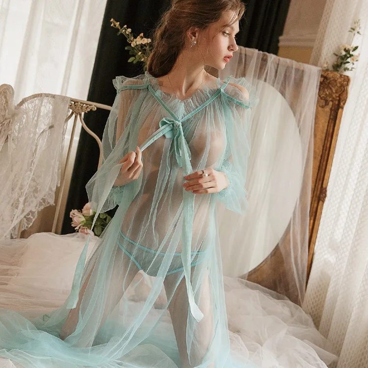 

Lace Mesh Perspective Loose Pajamas Female Candy Colors Dress Home Long Pajamas Women's Sexy Nightdress