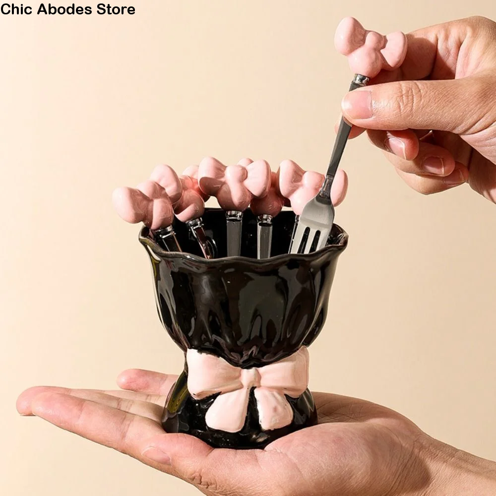 

Набор керамических вилок для фруктов с бантом, креативные вилки для десертов в стиле Ins с банкой для хранения, декоративные, с удобным захватом