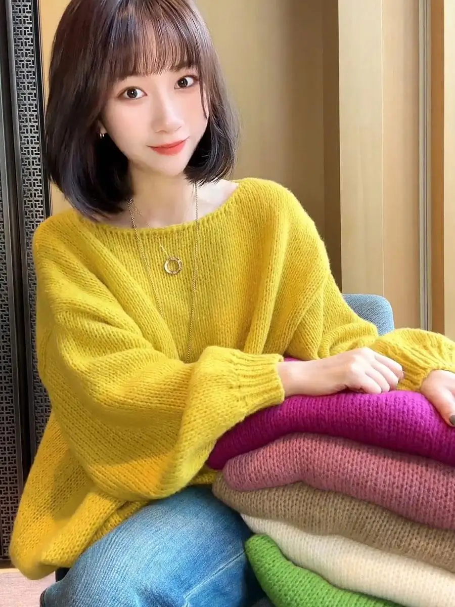 

Свободный вязаный свитер на одно плечо с длинными рукавами-фонариками, верхняя одежда для весны и осени, новый корейский модный топ в стиле lazy fashion