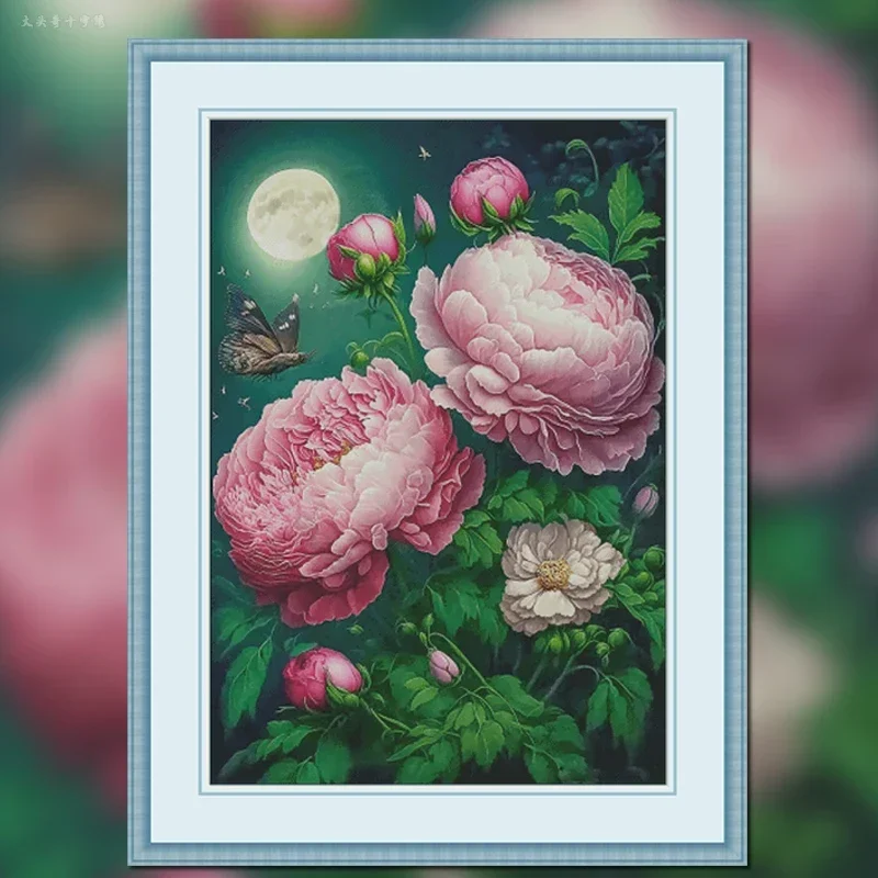 Stamped Cross Stitch Kit 14CT 16CT Pre Printed Canvas Cotton Thread DIY Embroidery for Home Wall Decor[ZZ2930-Flower full moon]