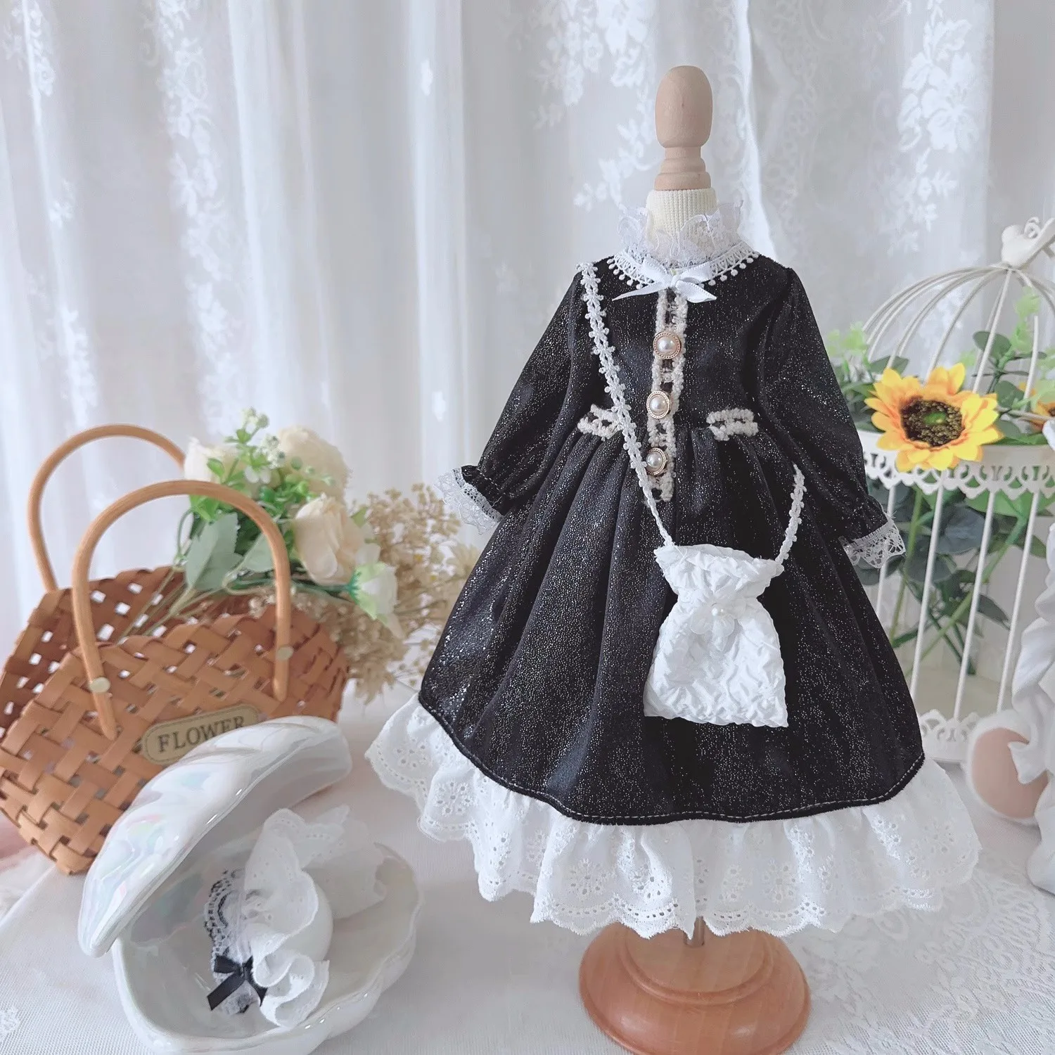 

BJD Doll clothes Suitable for 1/3 1/4 1/6 size black pearl long sleeve simple style dress doll accessories