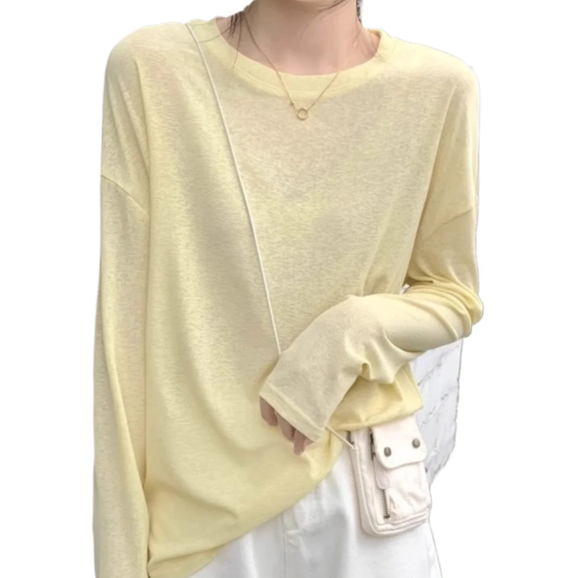 

Ice Silk T-shirt For Women Summer Sheer Oversized Loose Long Sleeved T-shirt Sweet Candy Color Round Neck Top