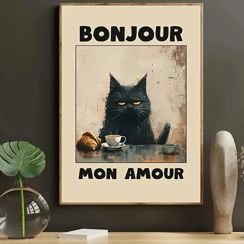 

Canvas Poster Black Cat French Breakfast Retro Mural Living Room Bedroom Kitchen Corridor Modern Home Gift Indoor Cat Decoration