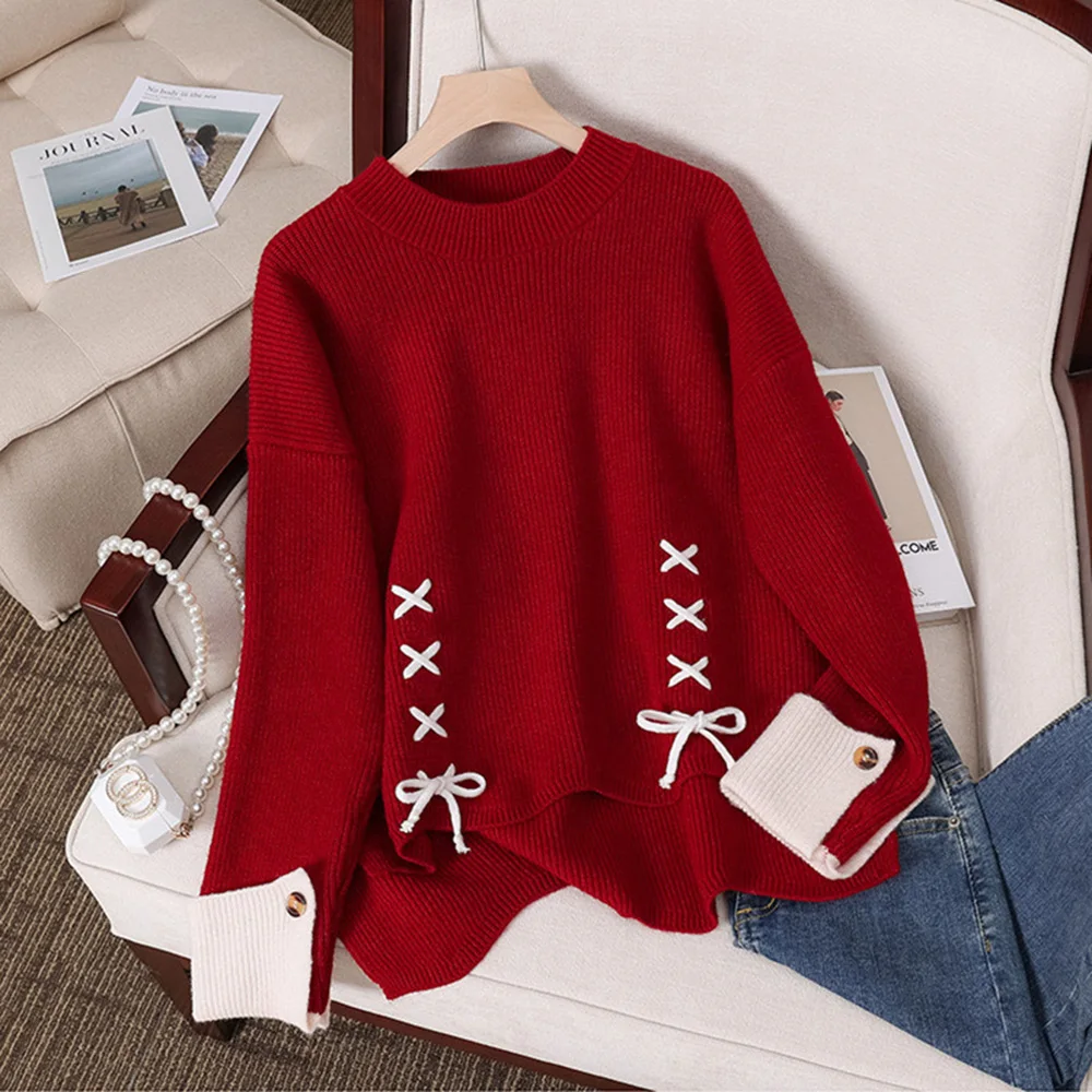 Casual Solid Christmas Sweater Women's Autumn Winter Sweet Cross Strap Lace Up Bow Design Knit Tops Drop Shoulder Loose Pullover