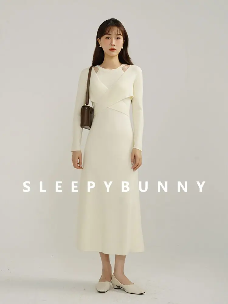 Elegant Halter Knit Dress Women Fall Winter Two-Piece Look Slim Fit Long Sleeve Pullover Sweater Midi Dress Office Daily Wear