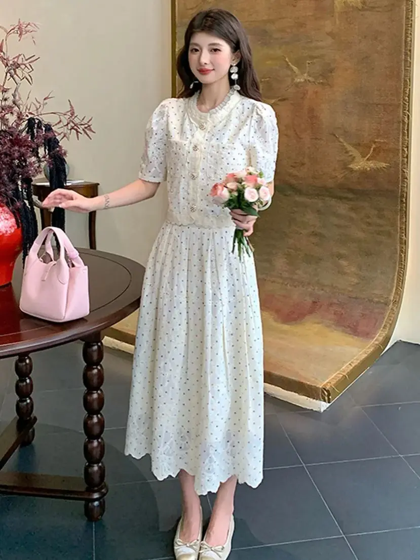 

Polka Dot Print Two Piece Set For Women O-neck Short Sleeve Lace Spliced Embroidery Blouse High Waist Skirt Set Femle Fashion