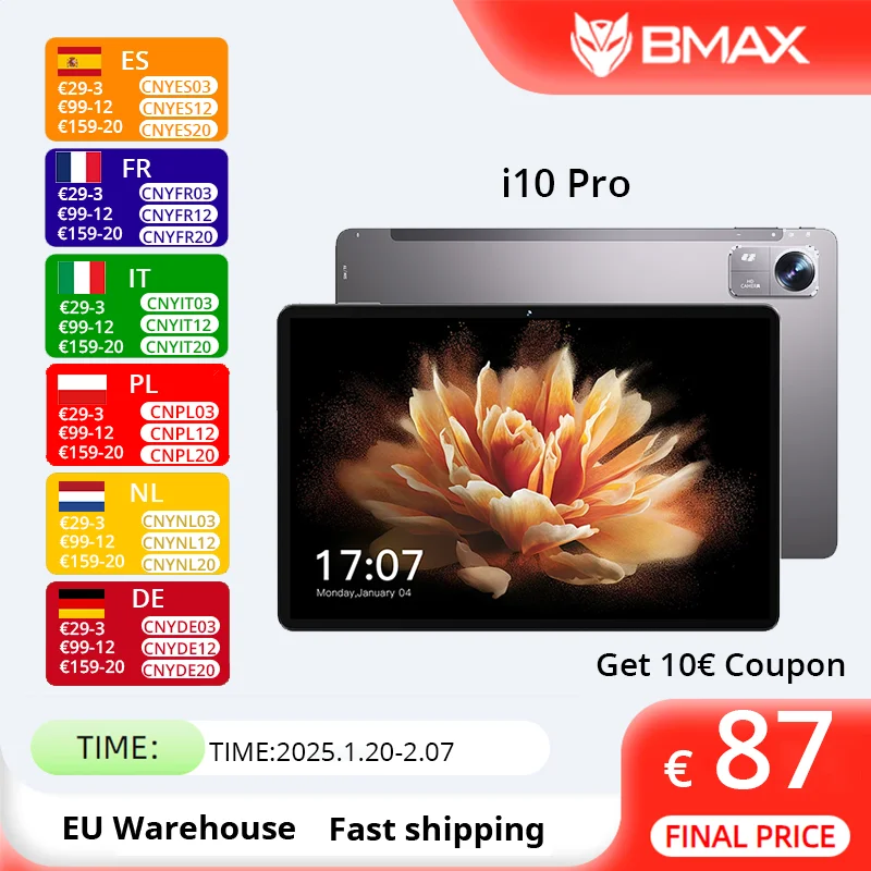 BMAX I10 Pro 10.1 inch Android 13 phone call Tablet 1280x800 T606 Octa Core 8GB(4GB RAM+4GB Expansion) 128GB ROM 4G Network SIM