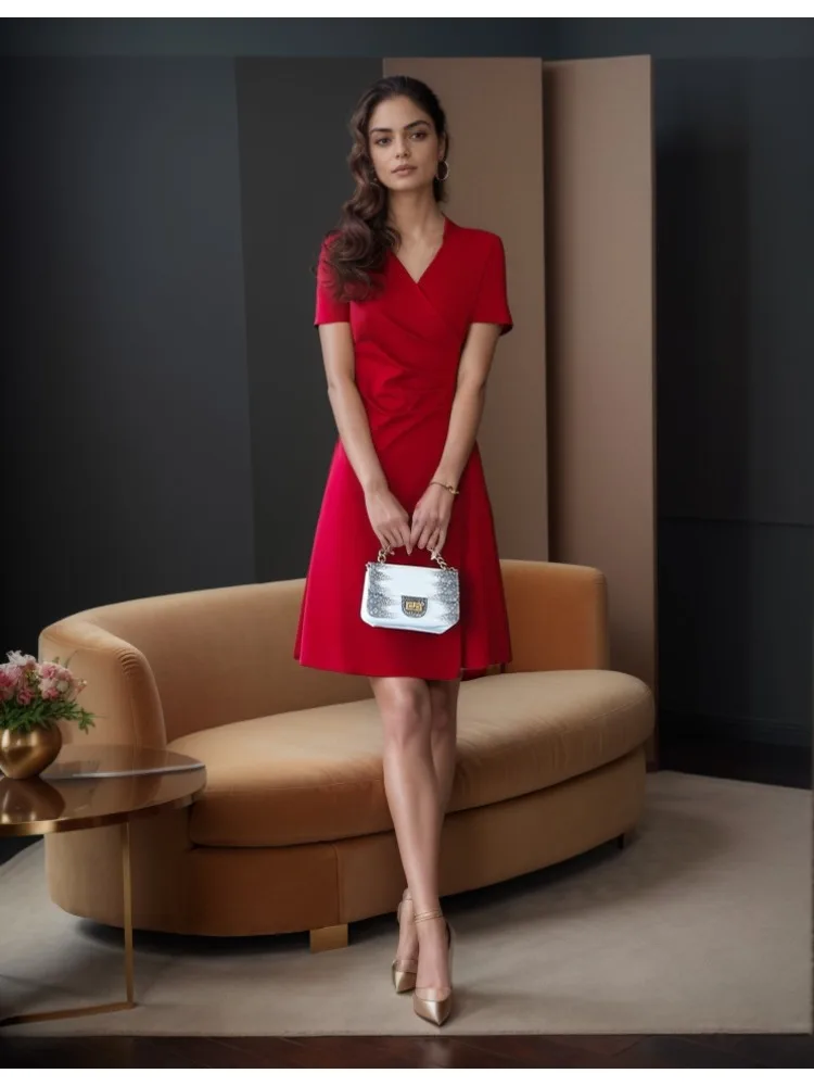 Krótka sukienka damska Prosty styl Dekolt w kształcie litery V Krótki rękaw Szczupła Formalna biurowa Lady Praca Impreza 2025 Lato